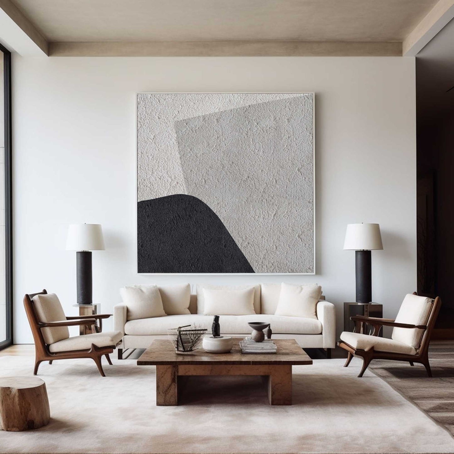 Monochrome Minimalist Oil Painting | Modern Black, White, and Grey Abstract Art for Home Decor
