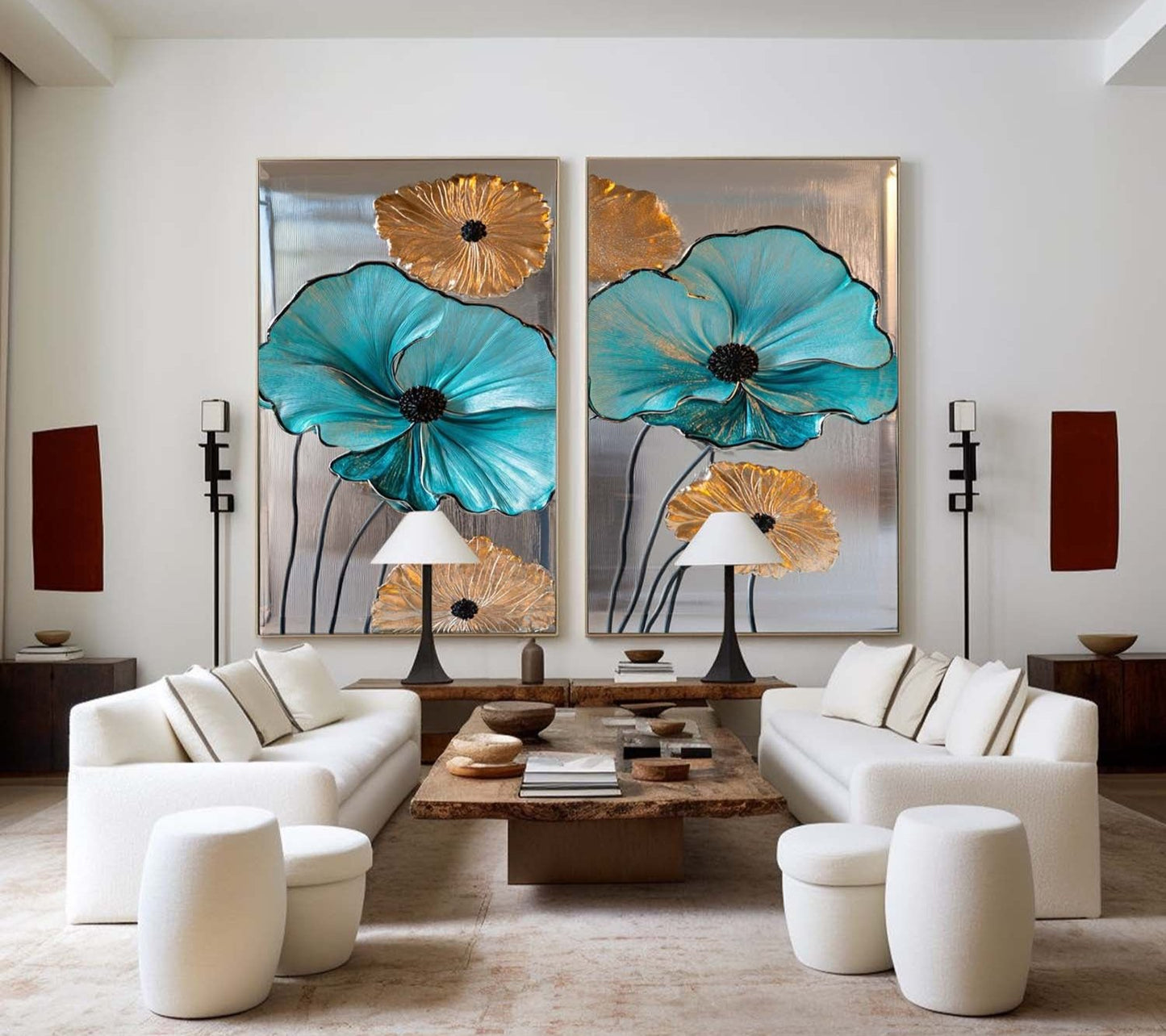 Elegant Blue and Gold Floral Abstract Oil Paintings for Modern Decor