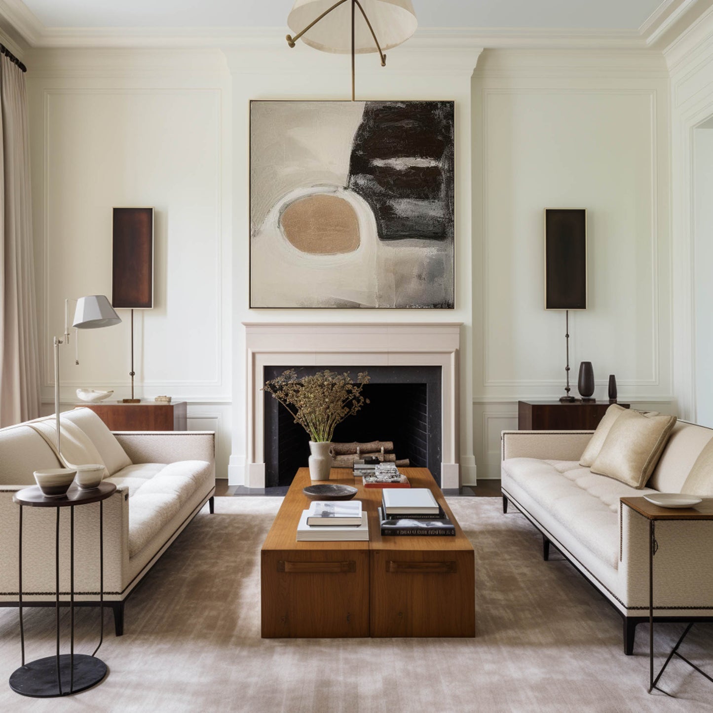 Contemporary Beige and Black Abstract Oil Painting for Modern Home Décor