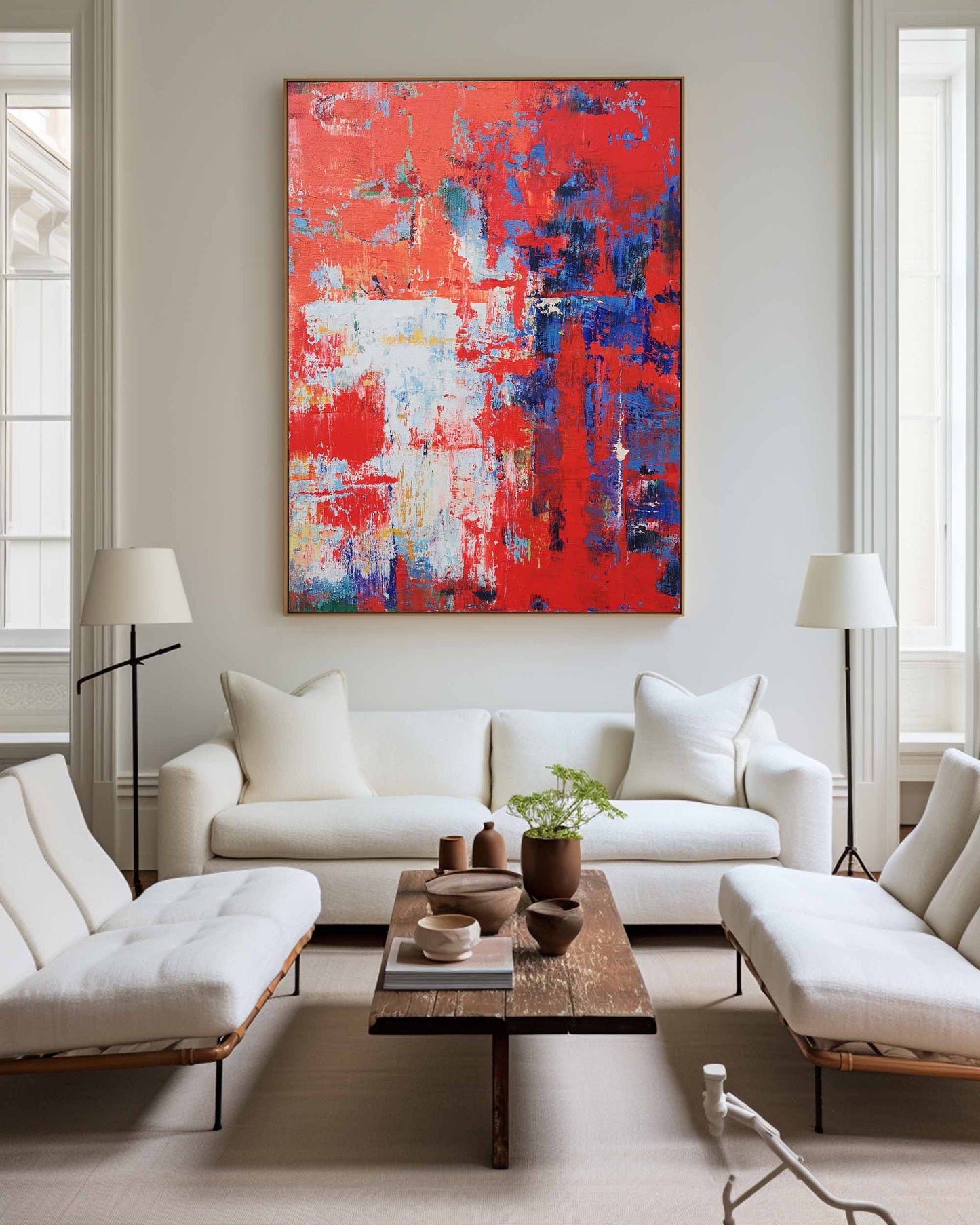 Vibrant Red Abstract Oil Painting with Bold Blue Accents for Modern Home Decor