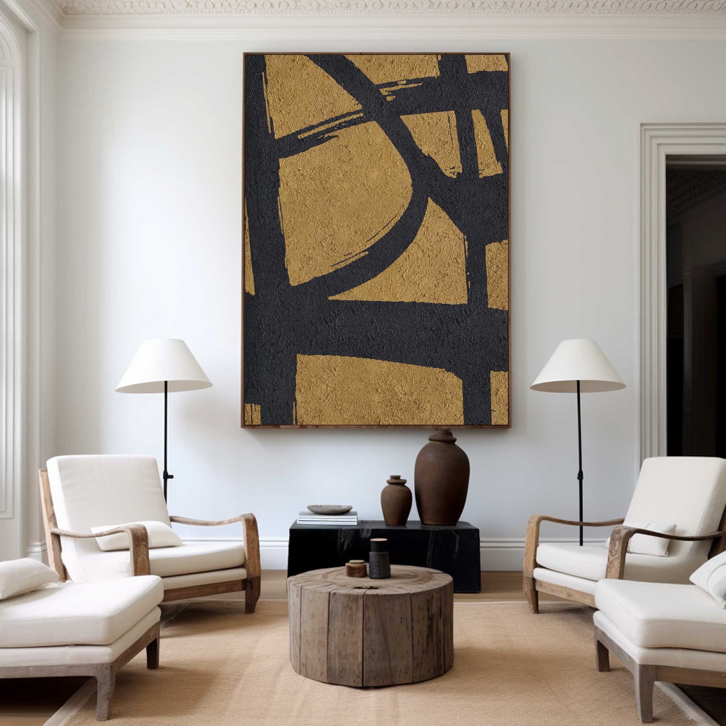 Gold and Black Abstract Minimalist Oil Painting for Modern Home Decor