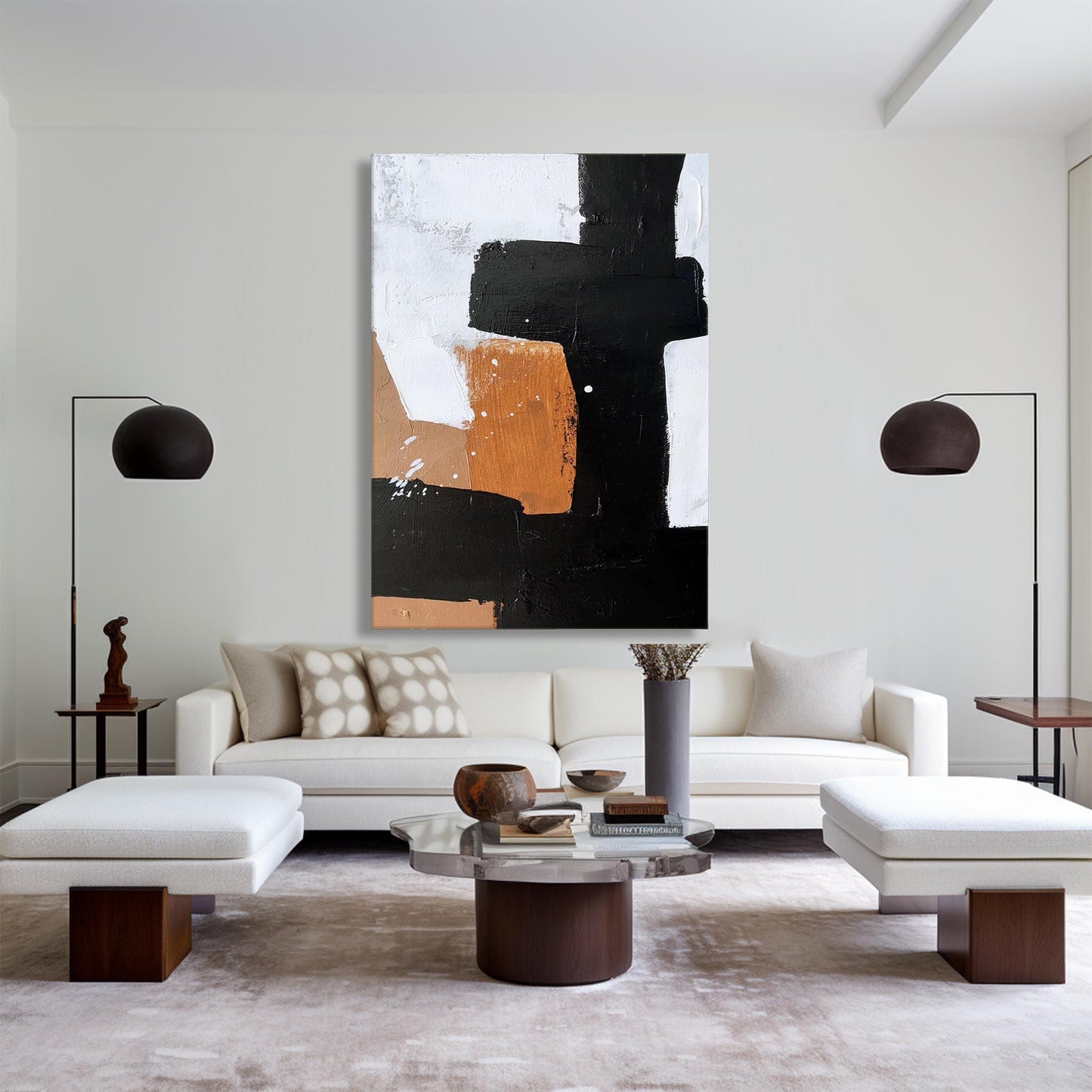 Modern Minimalist Abstract Oil Painting in Black, White, and Copper Tones