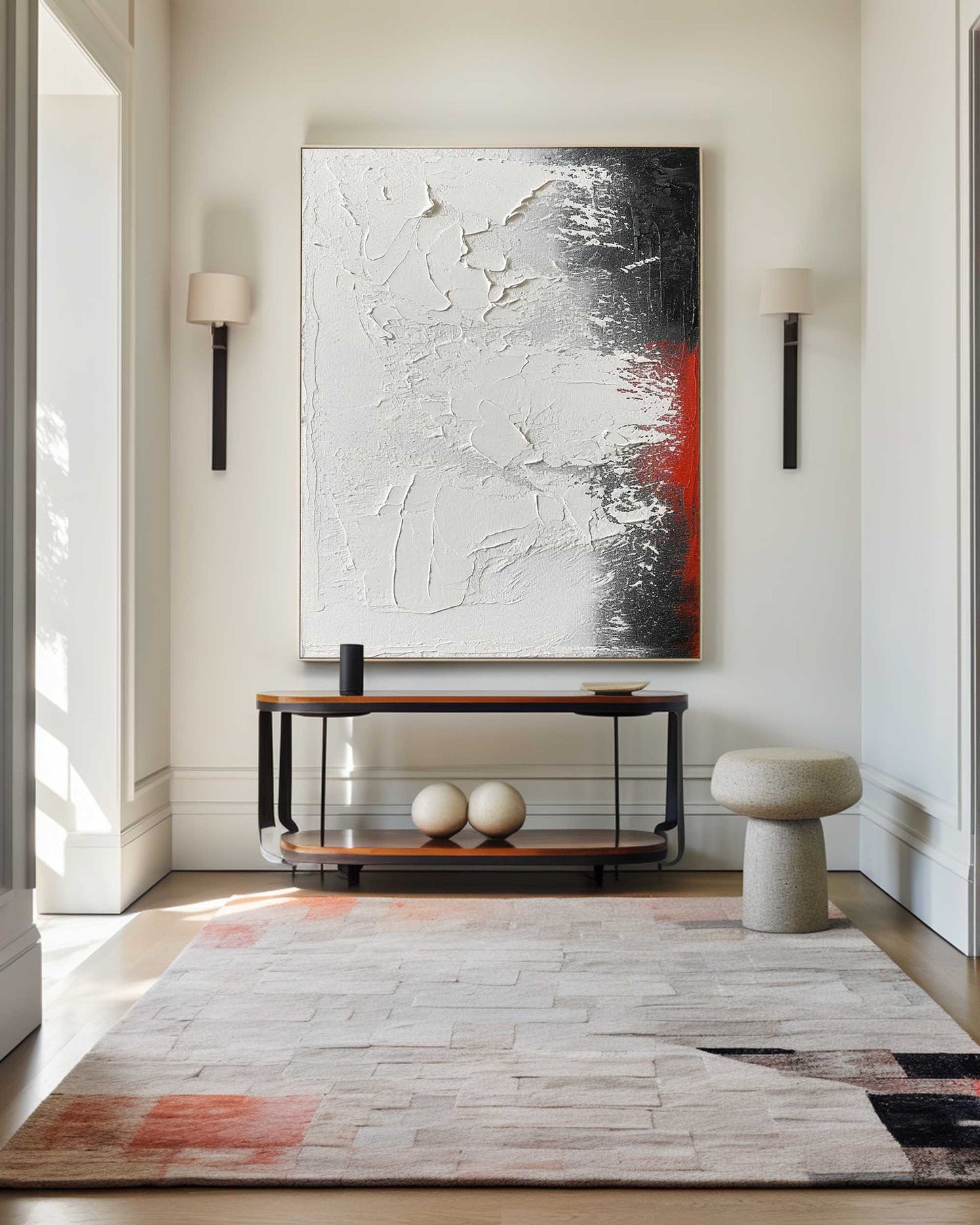 Contemporary Textured Abstract Oil Painting with Bold Black and Red Accents