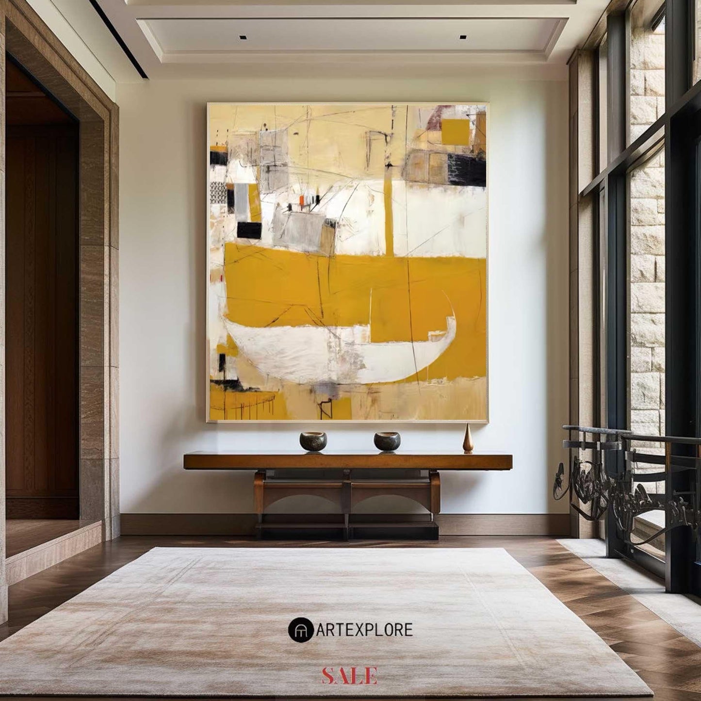 Contemporary Abstract Oil Painting with Yellow and White Harmony for Modern Decor