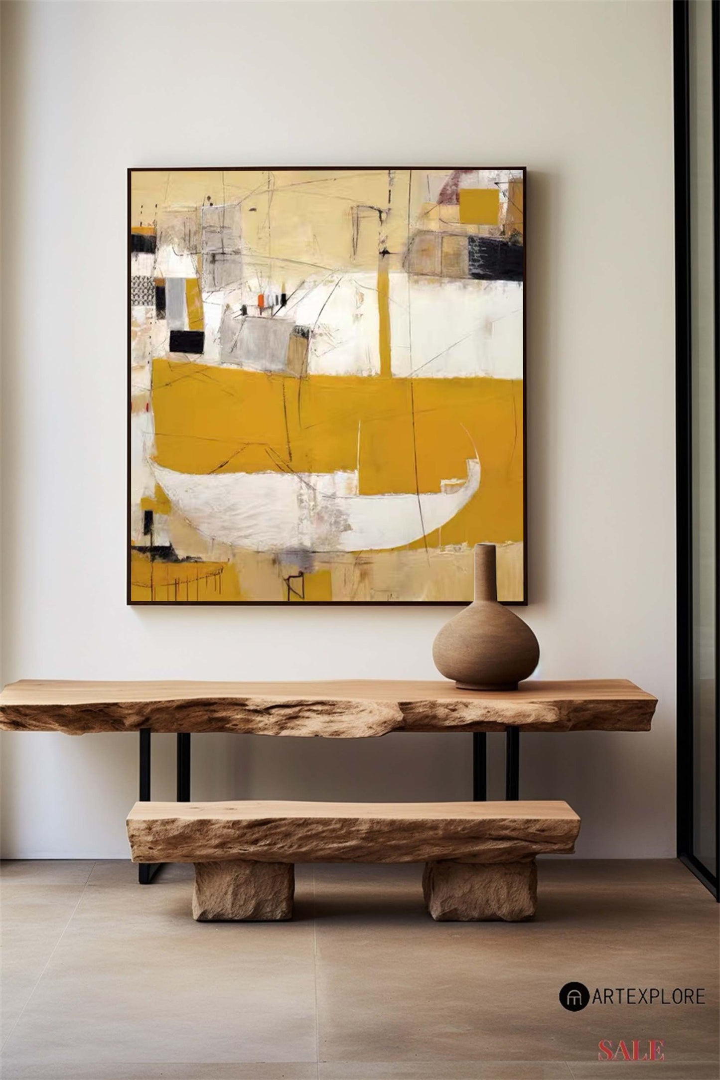 Contemporary Abstract Oil Painting with Yellow and White Harmony for Modern Decor