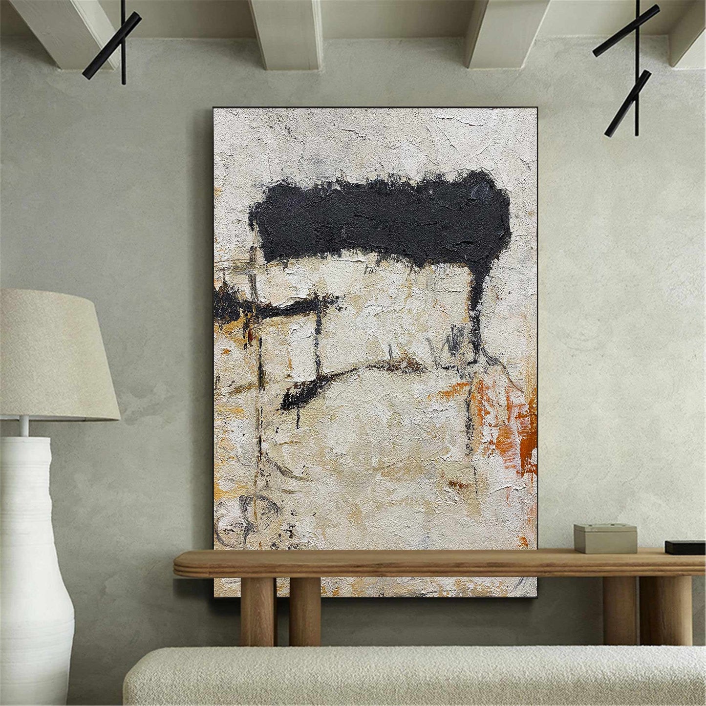 Abstract Black and White Minimalist Oil Painting for Modern Home Décor