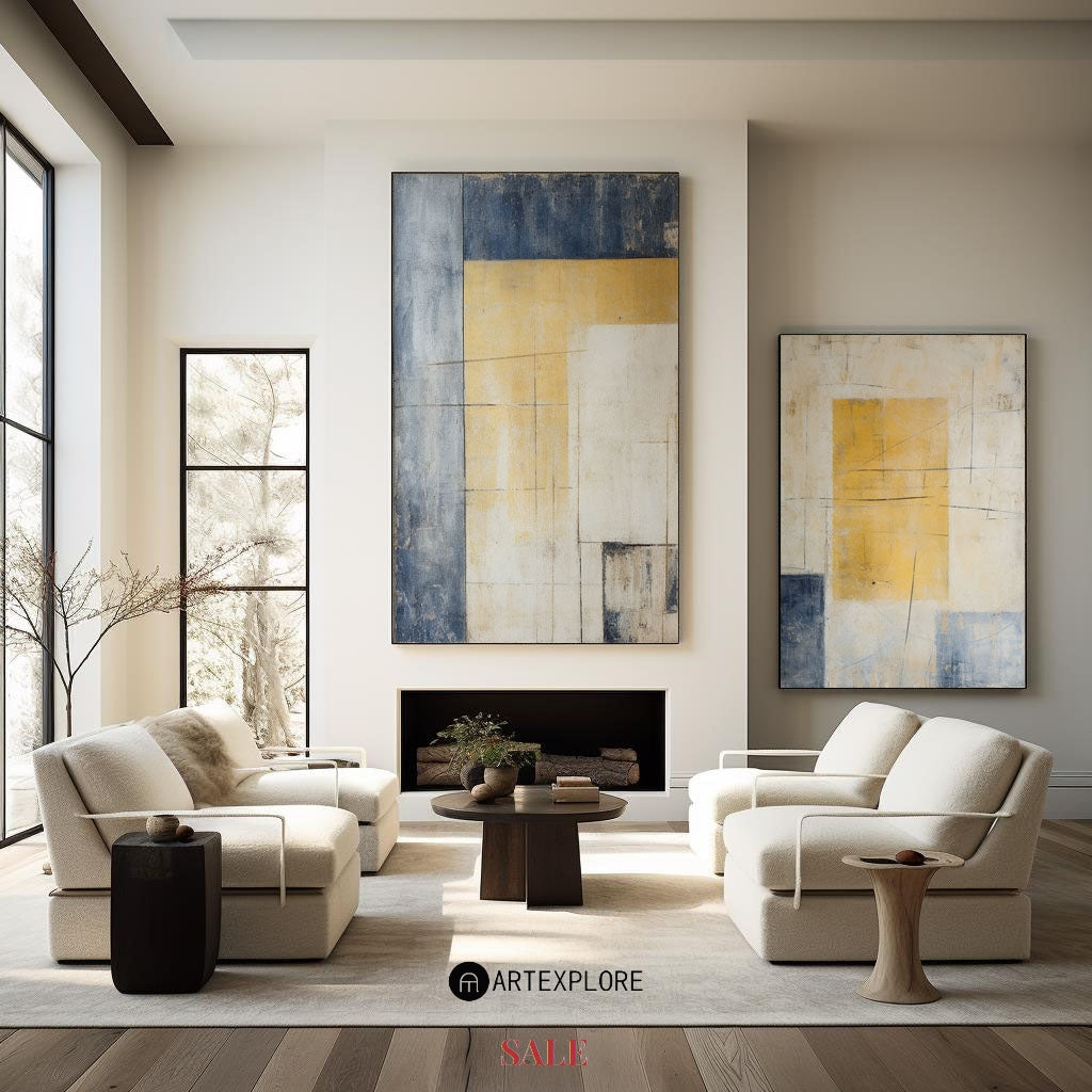 Contemporary Abstract Duo in Yellow and Blue for Modern Home Decor