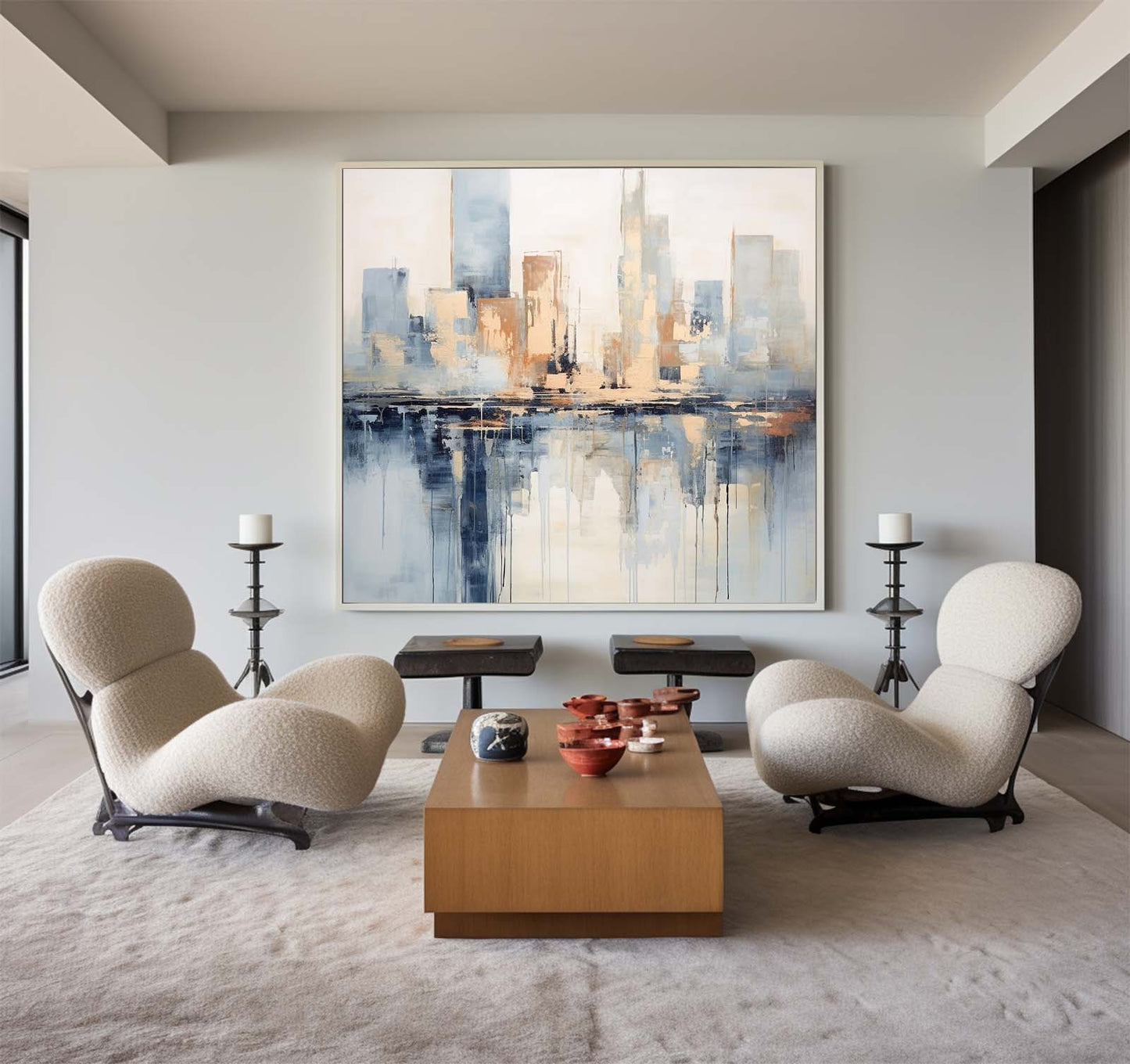 Contemporary Cityscape Oil Painting with Abstract Reflections