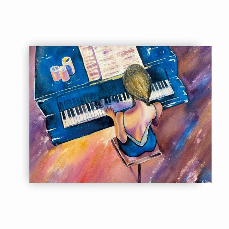 Serene Blue Pianist Playing Melodies on Classic Grand Piano Oil Painting