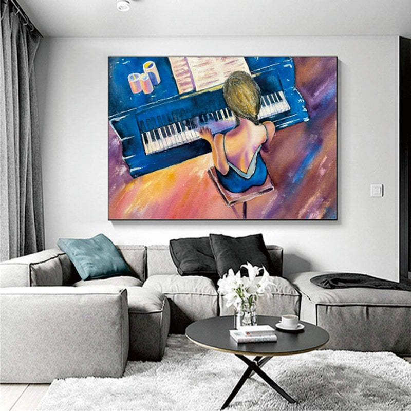 Serene Blue Pianist Playing Melodies on Classic Grand Piano Oil Painting