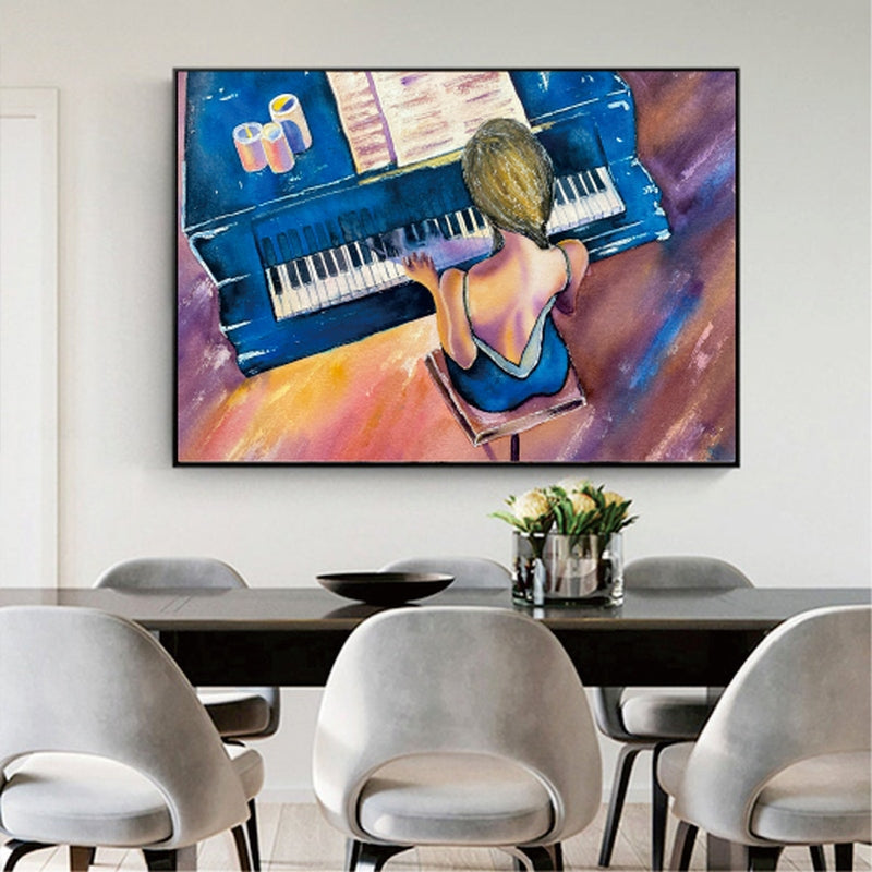 Serene Blue Pianist Playing Melodies on Classic Grand Piano Oil Painting
