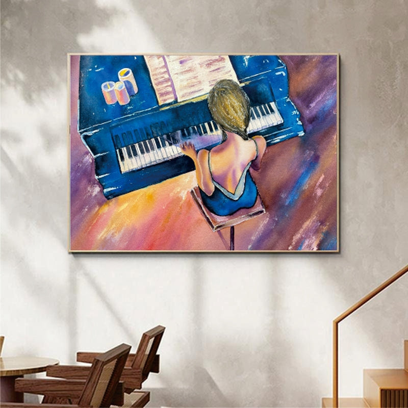 Serene Blue Pianist Playing Melodies on Classic Grand Piano Oil Painting