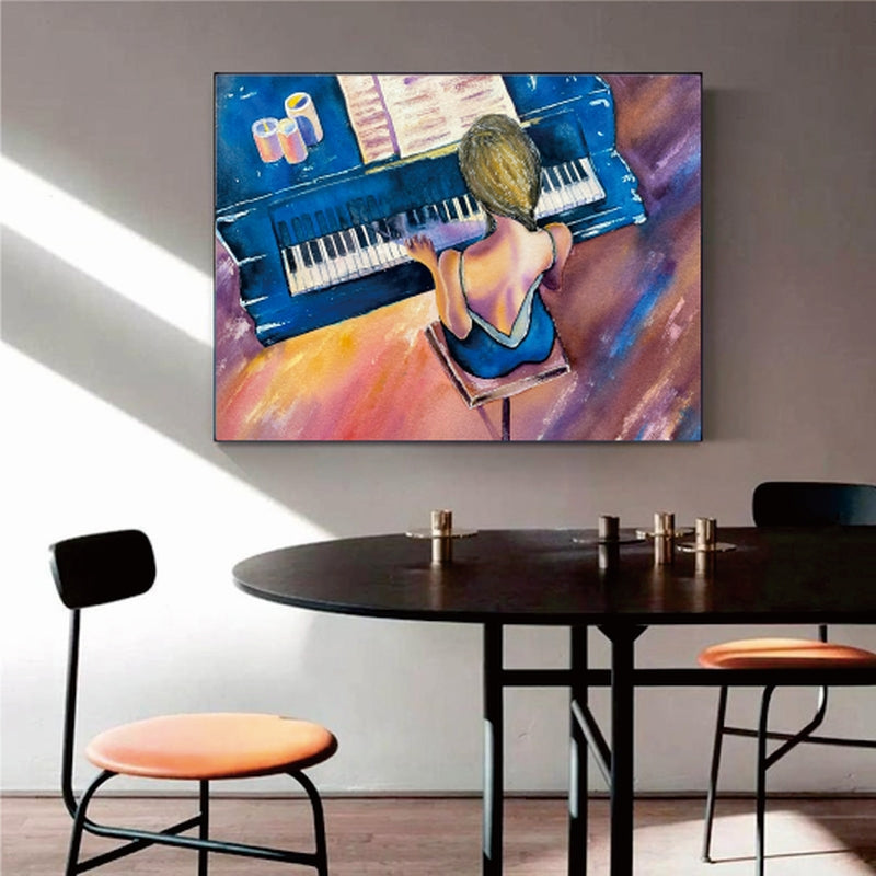 Serene Blue Pianist Playing Melodies on Classic Grand Piano Oil Painting