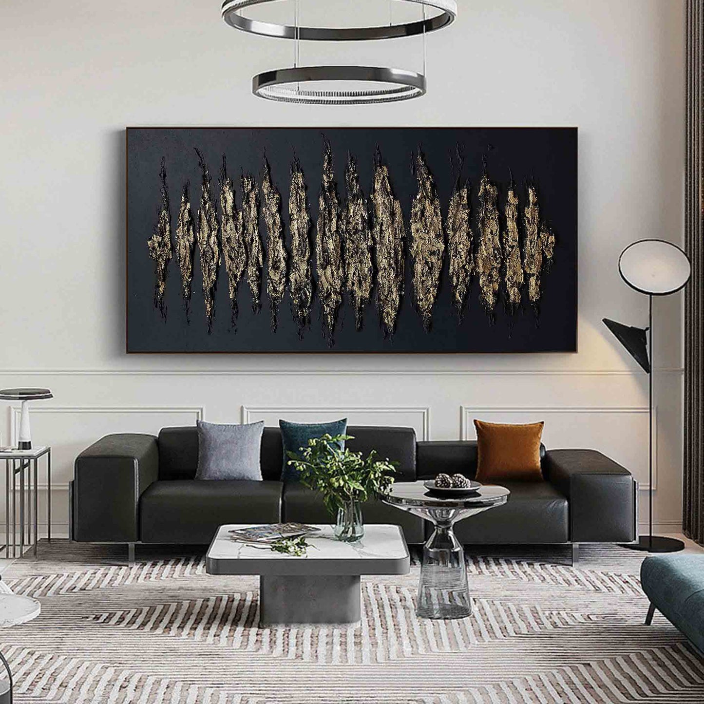 Contemporary Gold and Black Abstract Oil Painting for Modern Home Decor