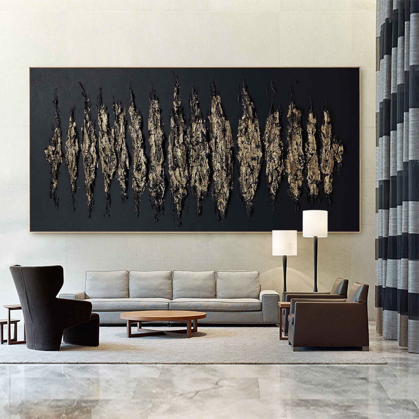 Contemporary Gold and Black Abstract Oil Painting for Modern Home Decor