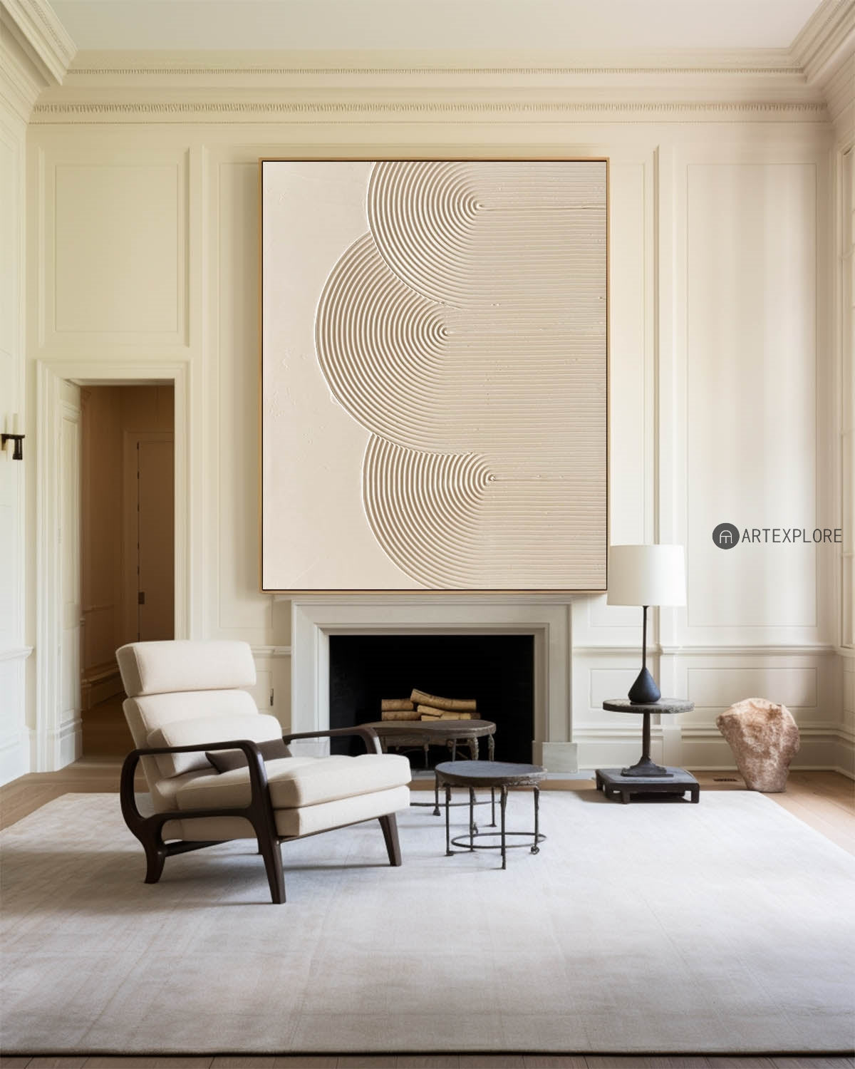 Minimalist Beige Abstract Oil Painting with Geometric Lines for Modern Decor