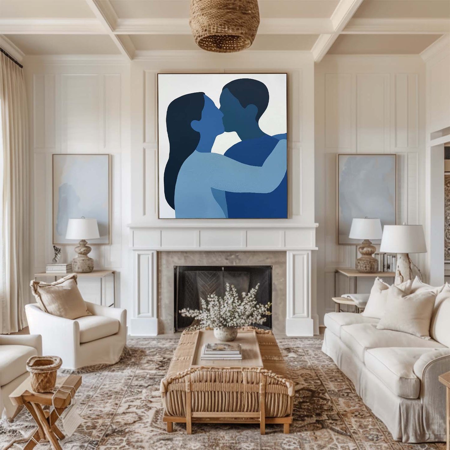 Blue Emotion: Modern Abstract Couple's Portrait Oil Painting