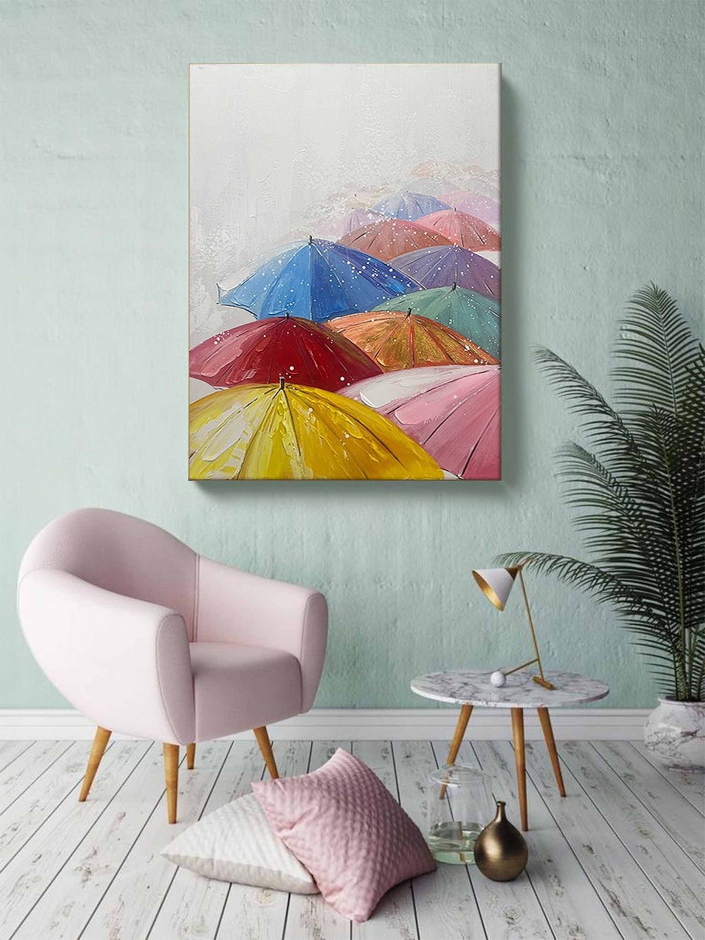 Colorful Umbrellas Abstract Oil Painting for Modern Home Decor
