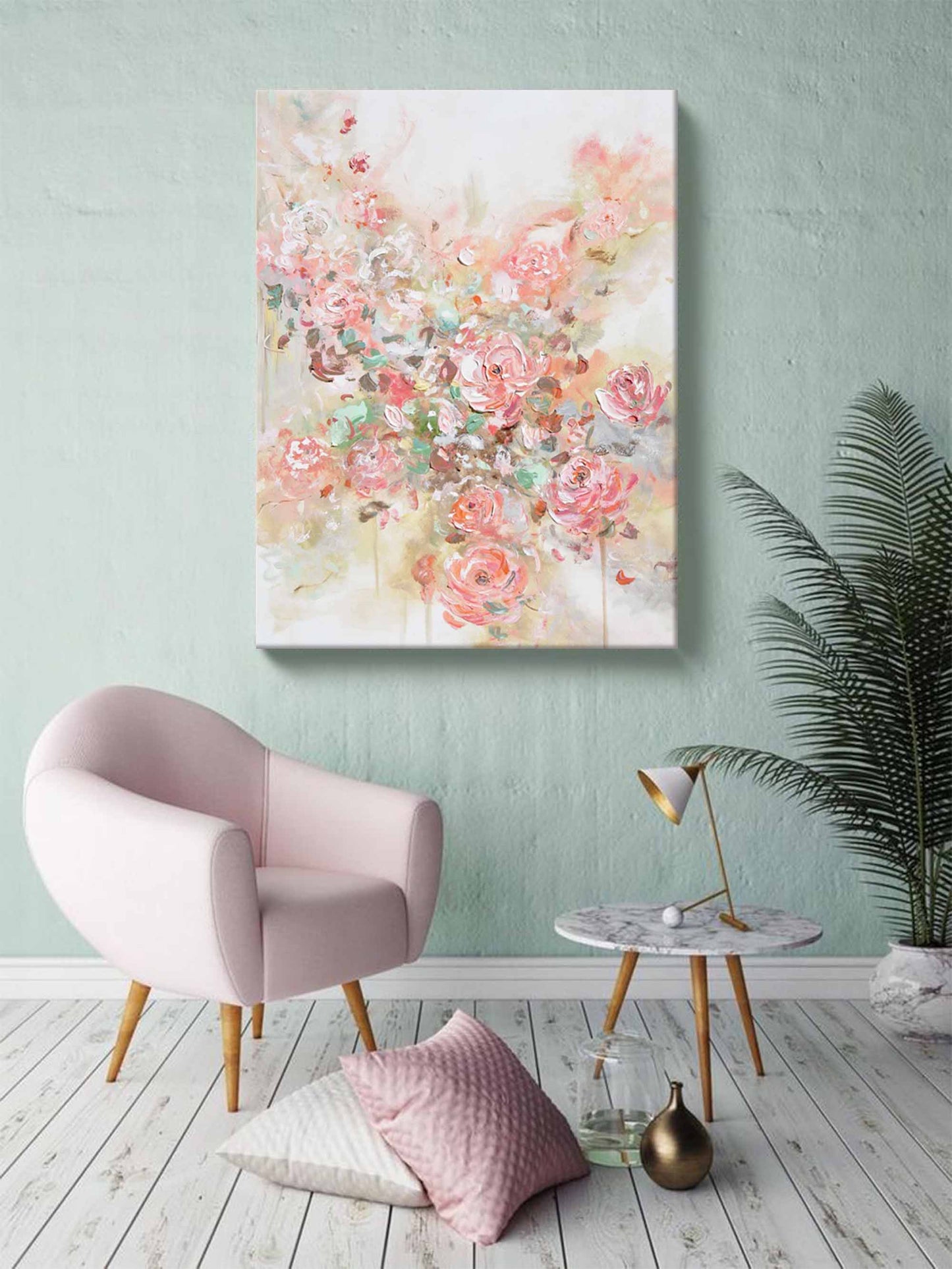 Romantic Floral Oil Painting with Soft Pink Roses and Abstract Background
