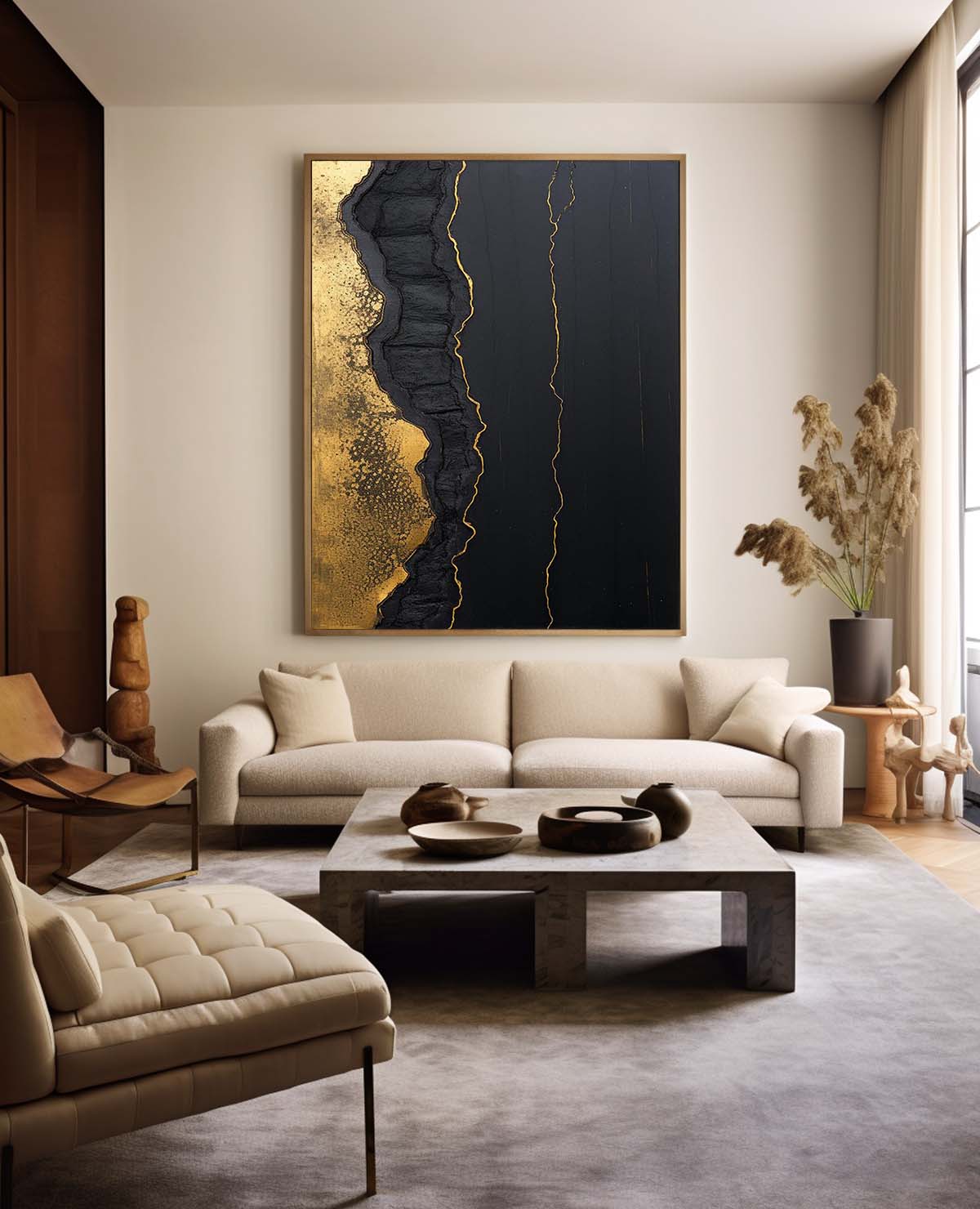 Elegant Black and Gold Minimalist Abstract Oil Painting for Modern Decor