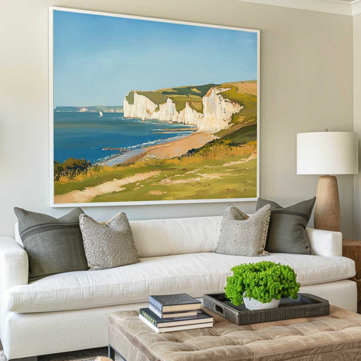 Coastal Serenity: Vibrant Oil Painting of Cliffs and Ocean