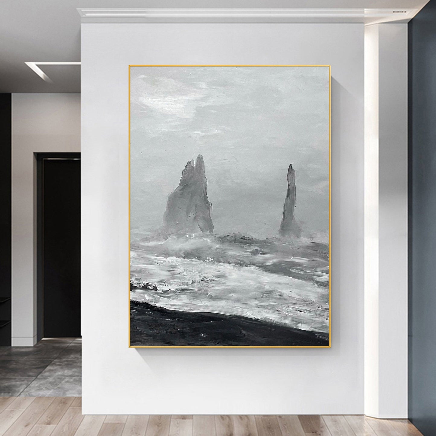 Monochromatic Coastal Landscape Oil Painting with Dramatic Waves and Rocks