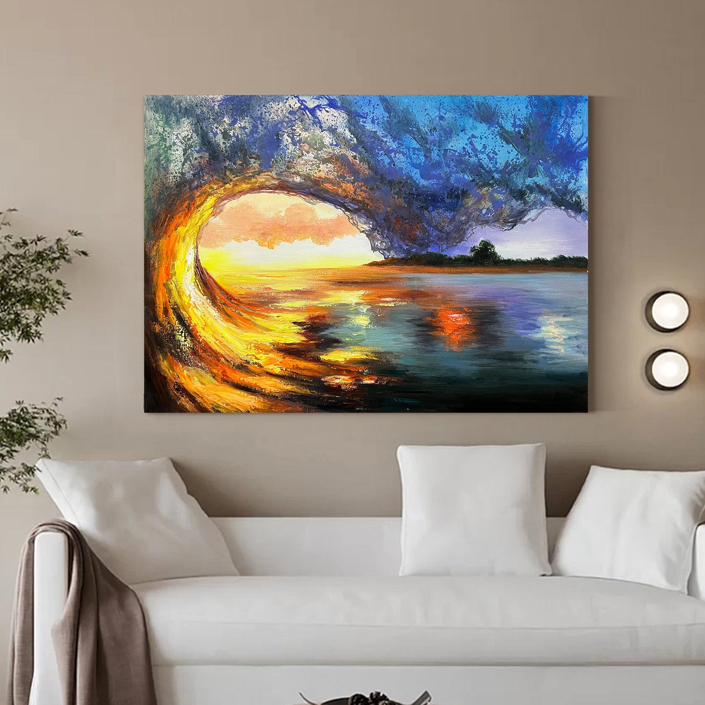 Vibrant Sunset Over Ocean Wave Landscape Oil Painting for Home Decor