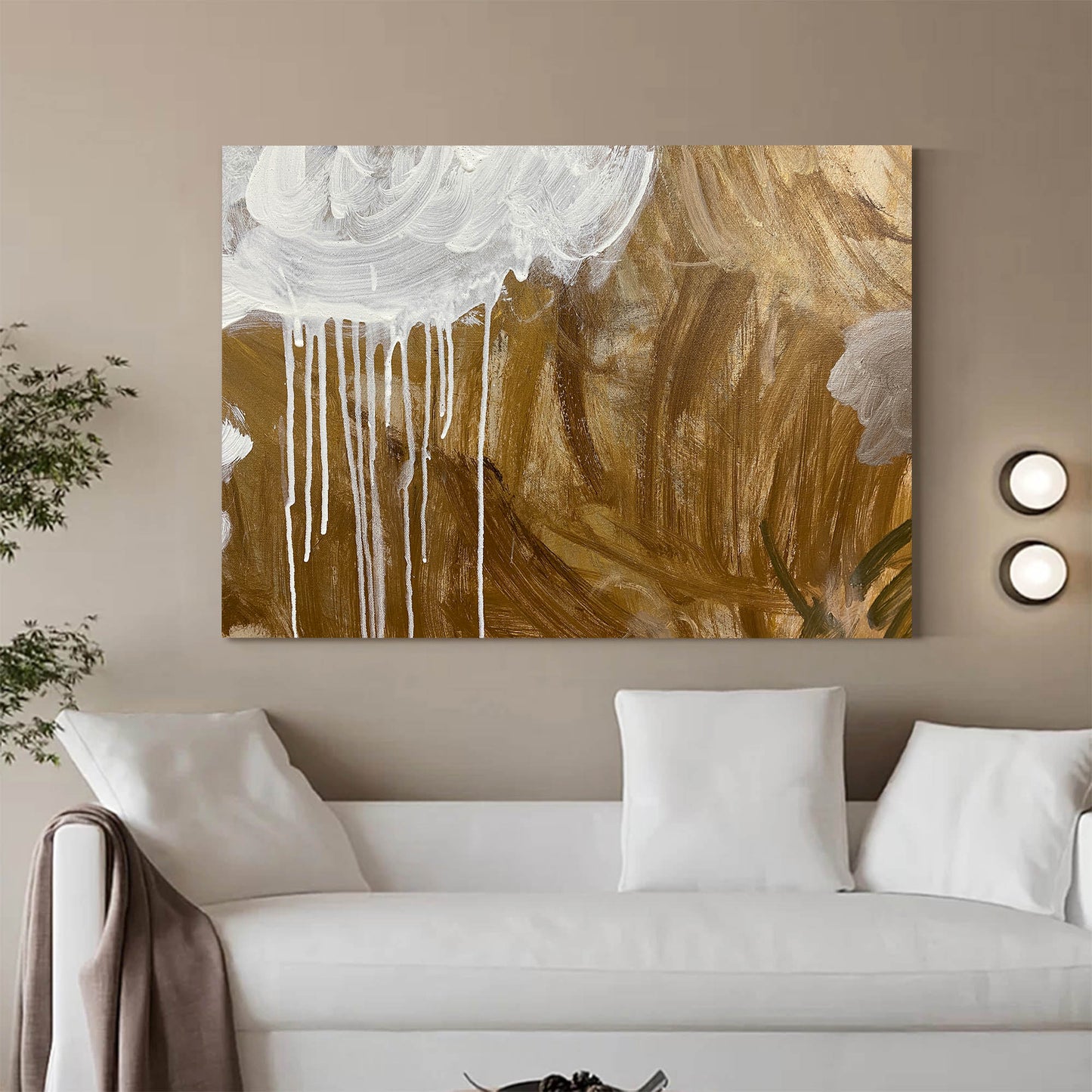 Contemporary Gold and White Abstract Oil Painting for Modern Decor
