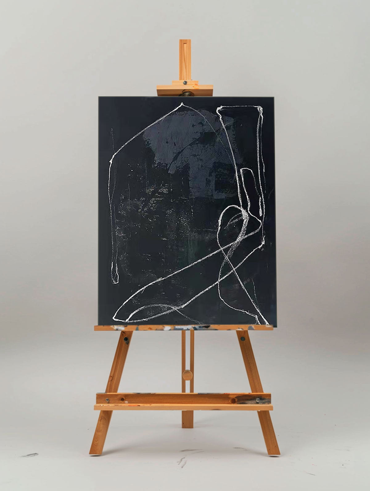 Chic Black Abstract Oil Painting with Elegant White Lines for Modern Decor