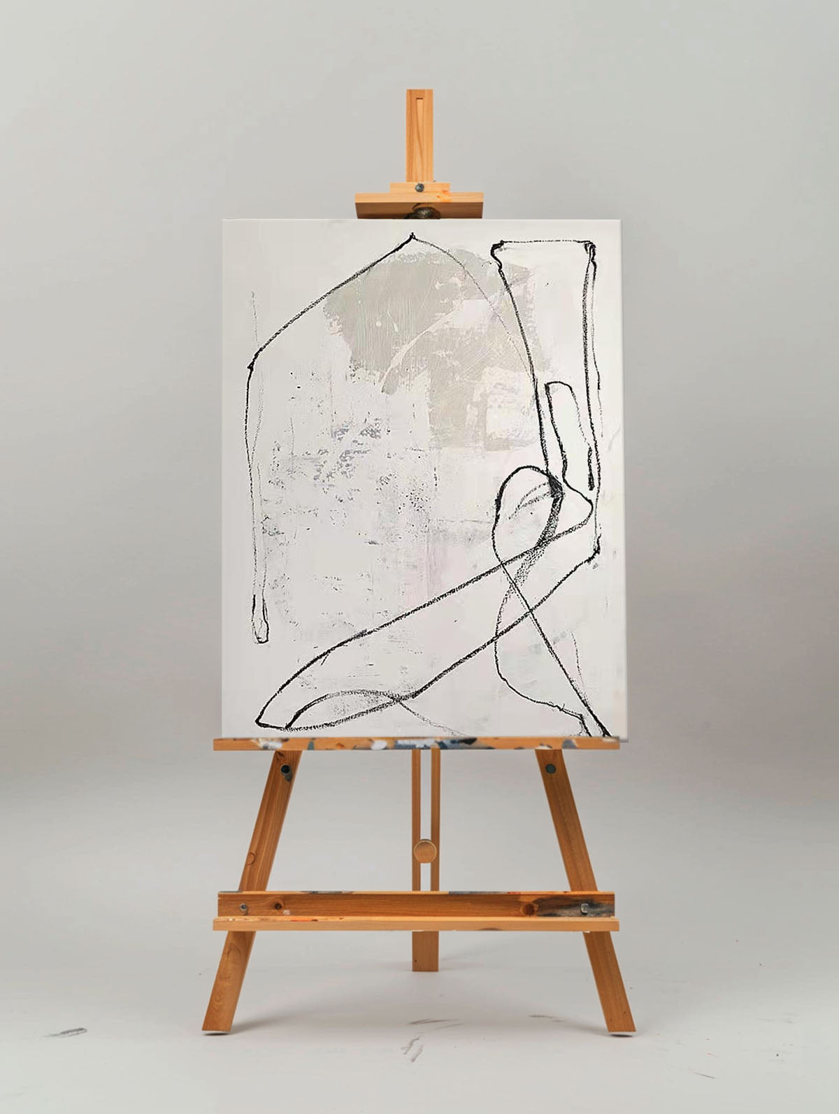 Contemporary White Abstract Oil Painting with Minimalist Line Art Design
