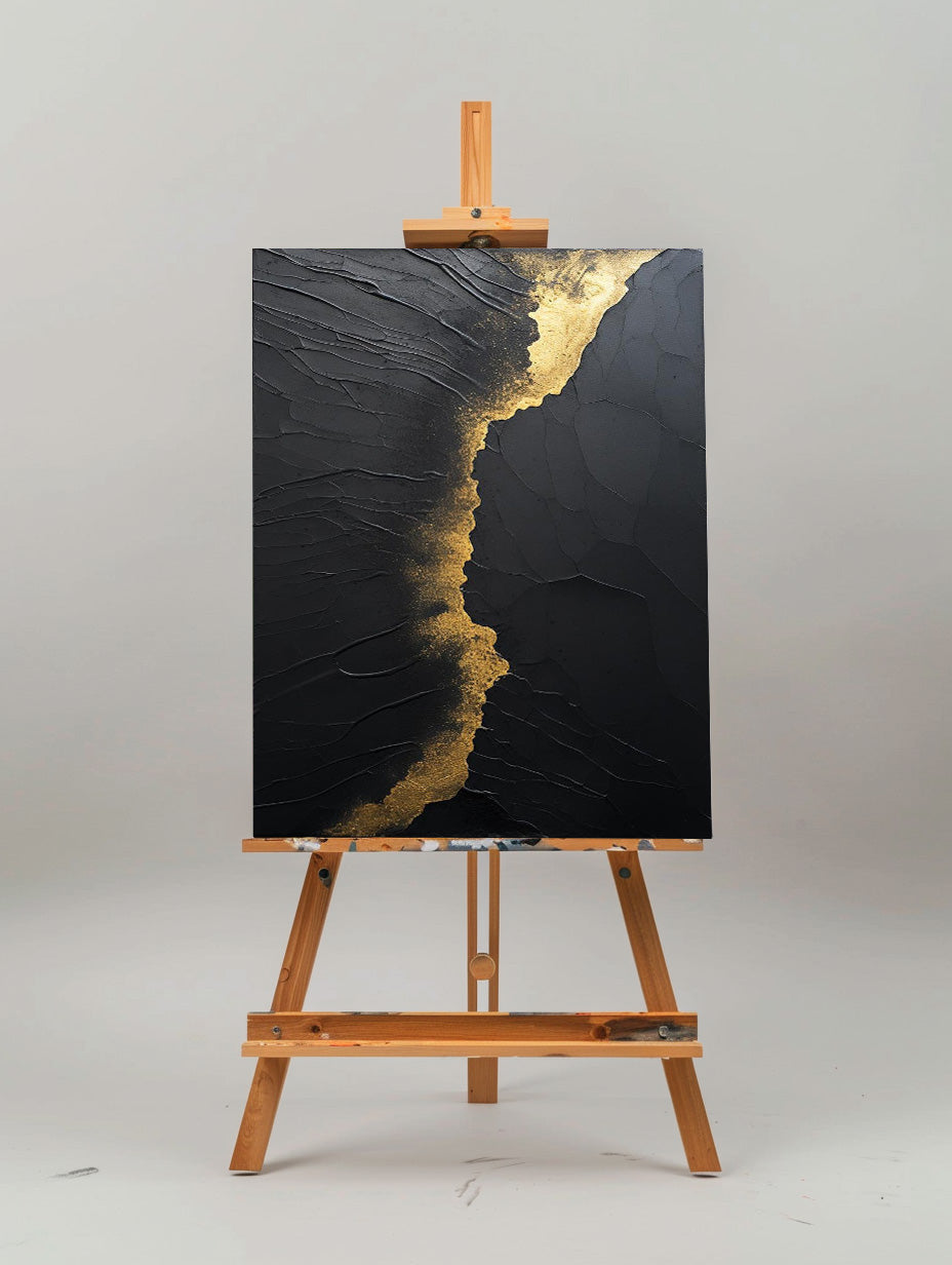 Elegant Black and Gold Minimalist Abstract Oil Painting for Modern Art Lovers