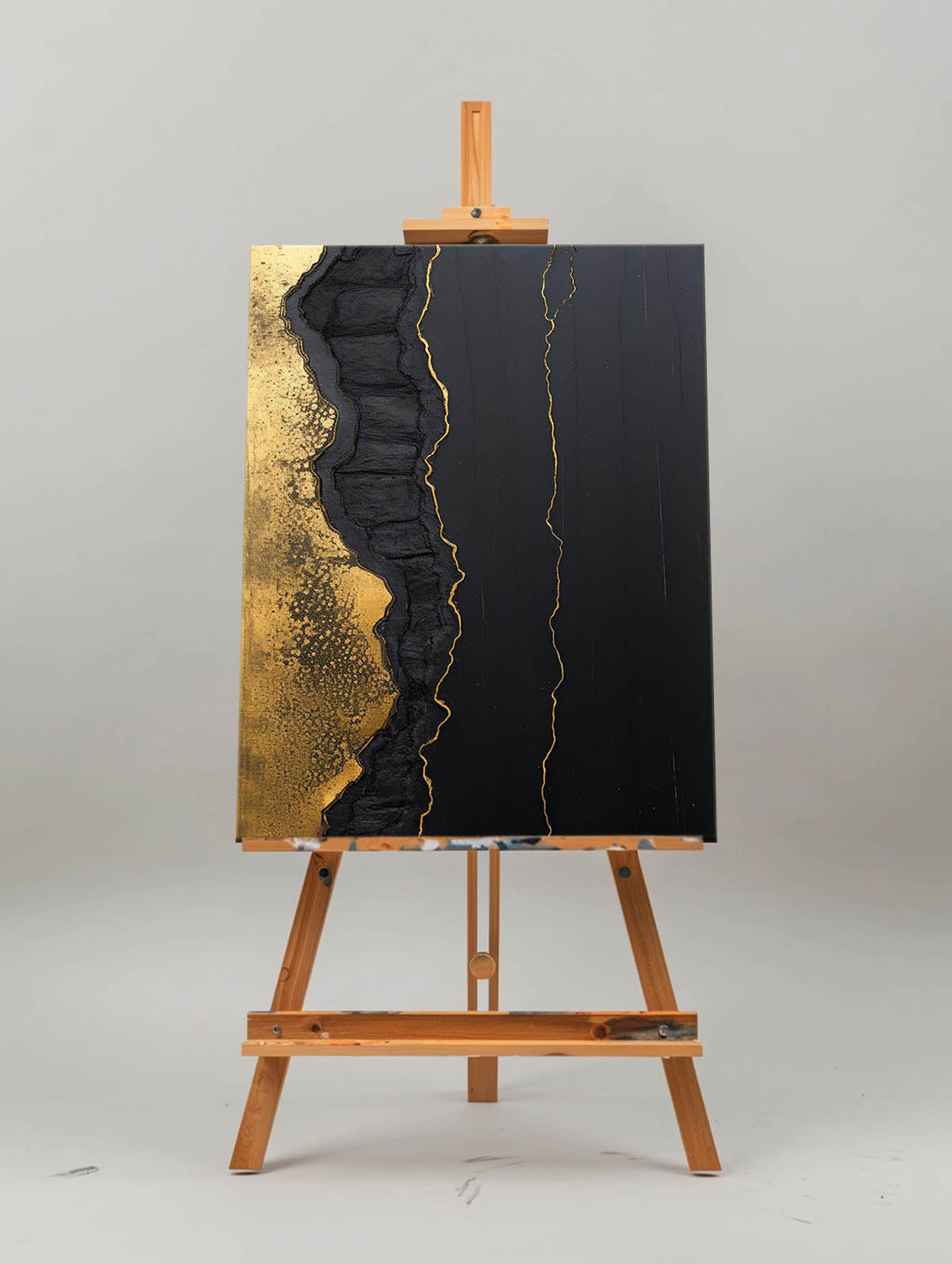 Elegant Black and Gold Minimalist Abstract Oil Painting for Modern Decor