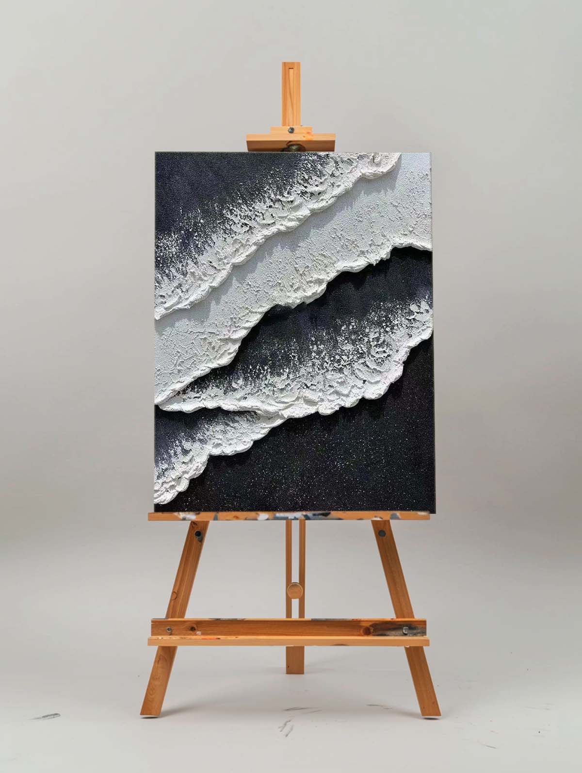 Monochrome Seascape Oil Painting with Textured Waves and Elegance