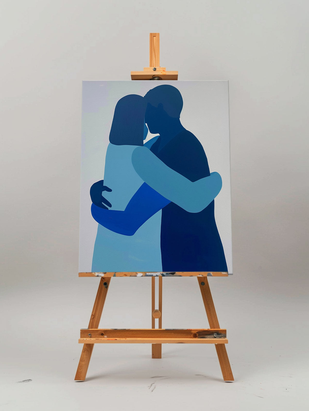 Contemporary Blue Abstract Couple Embrace Oil Painting