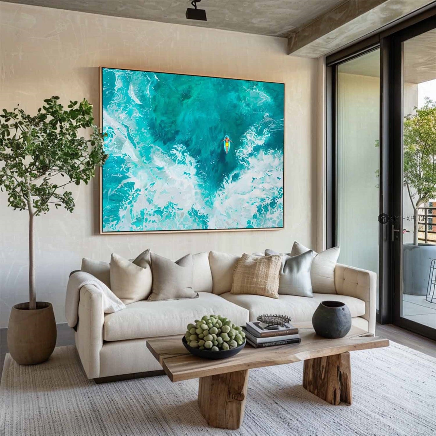 Vibrant Ocean Surfing Scene – Captivating Coastal Oil Painting for Beach Lovers