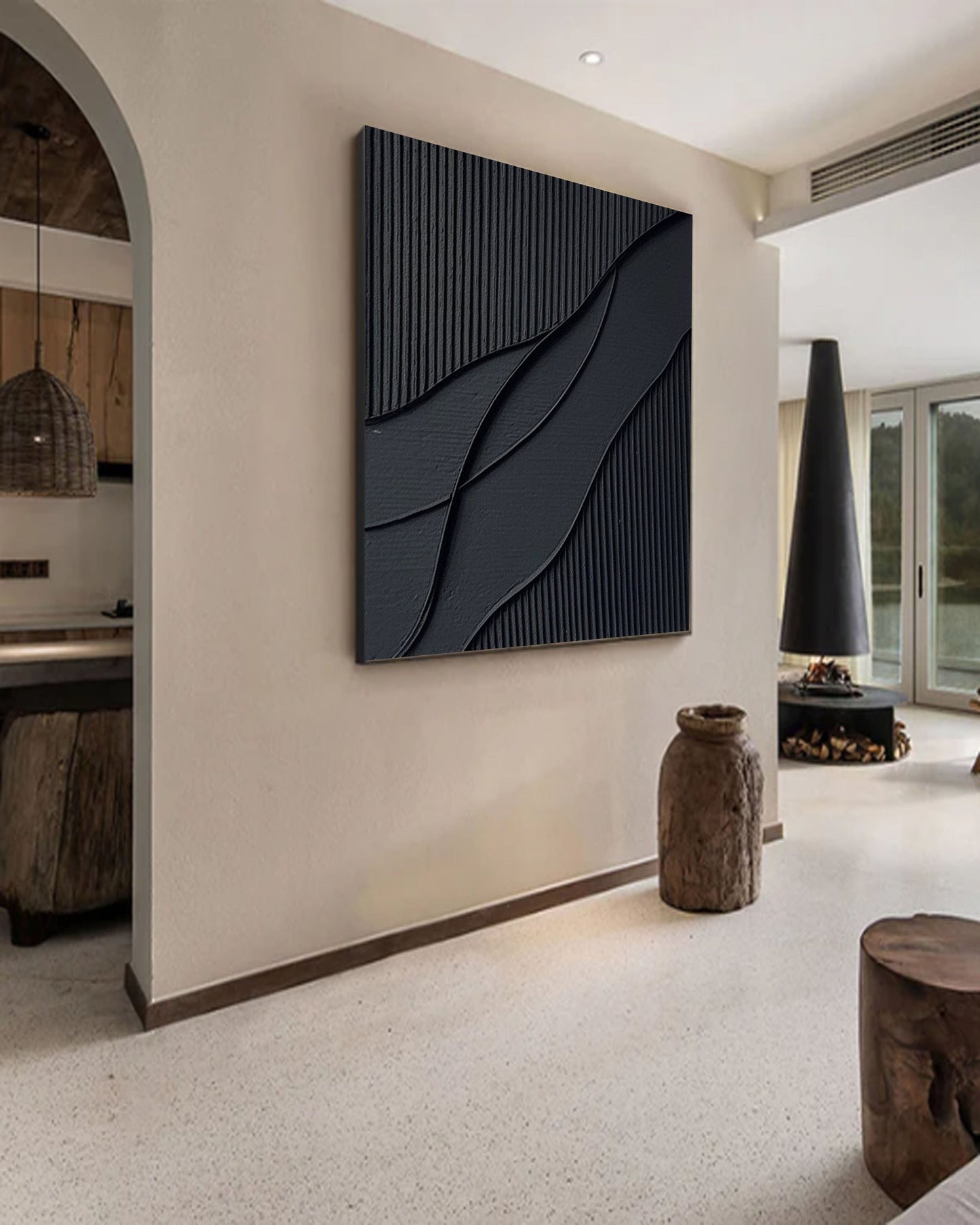 Elegant Black Waves Abstract Oil Painting for Modern Home Decor