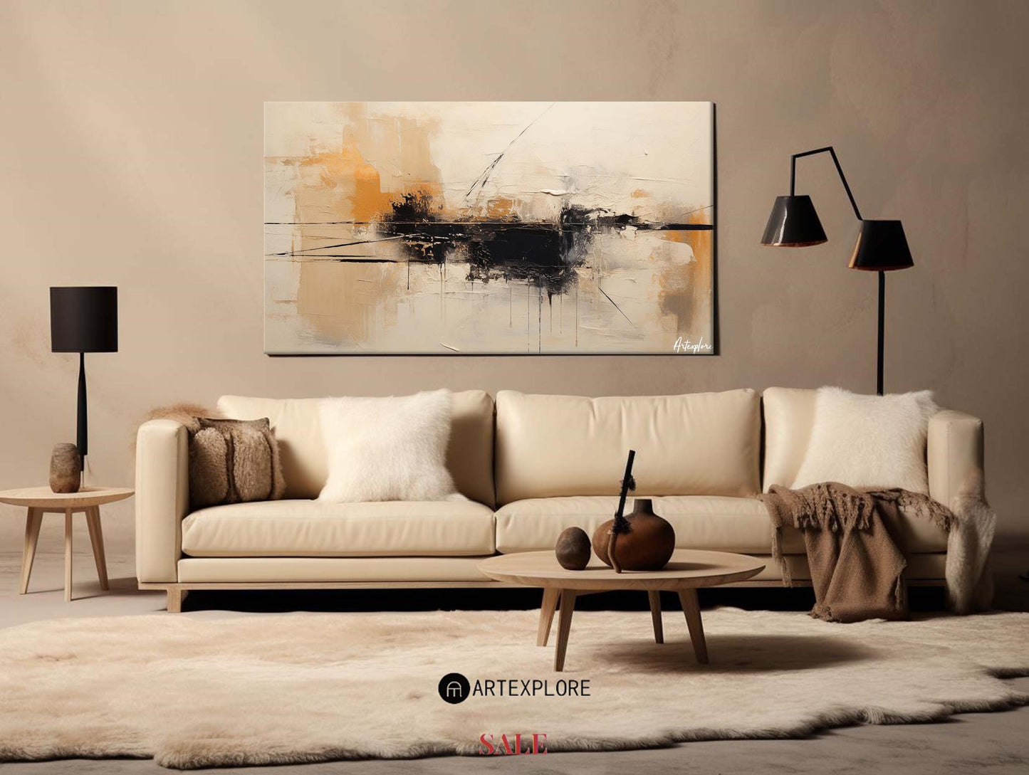 Contemporary Abstract Oil Painting in Warm Tones and Bold Black Accents