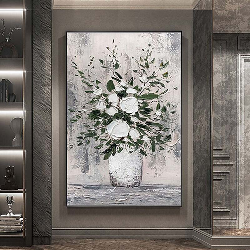 Elegant White Flower Bouquet in Glass Vase - Modern Oil Painting for Home Decor