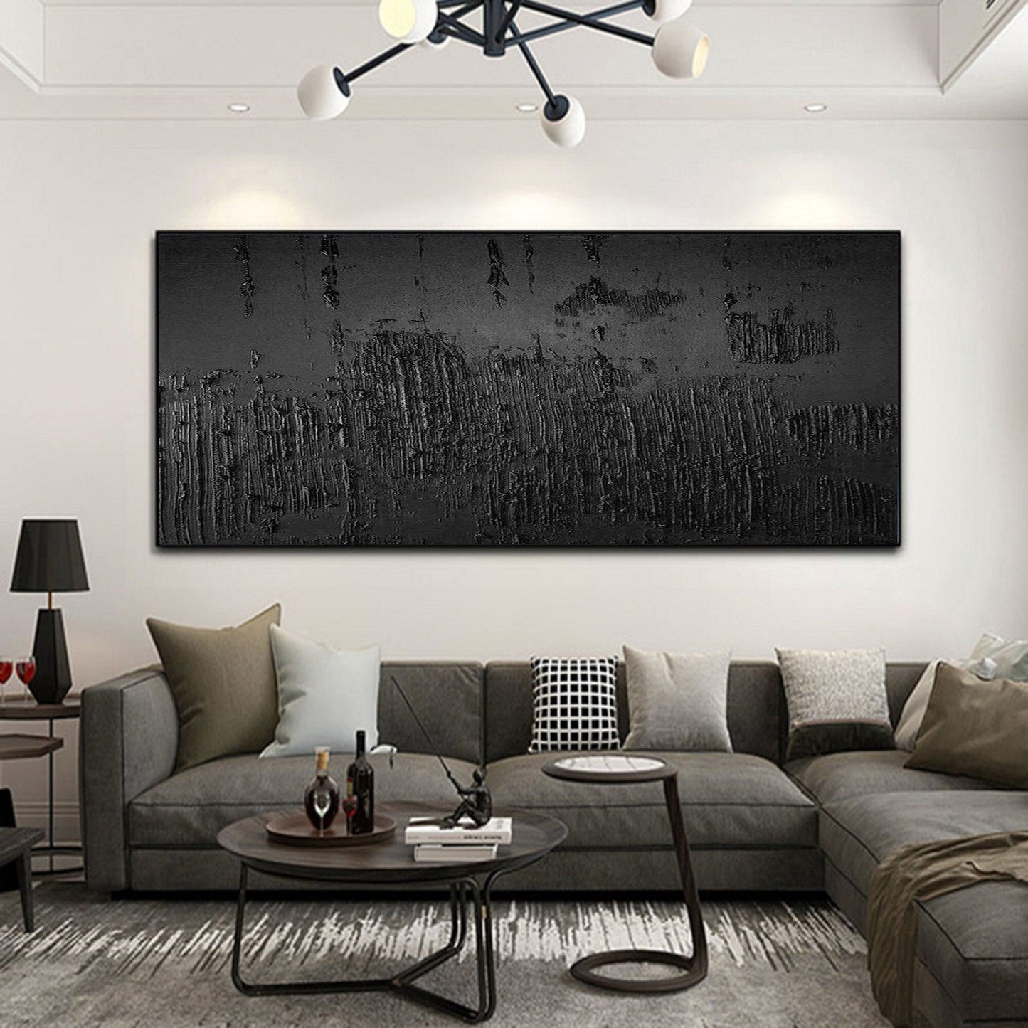 Textured Black Abstract Art - Modern Minimalist Oil Painting for Contemporary Decor