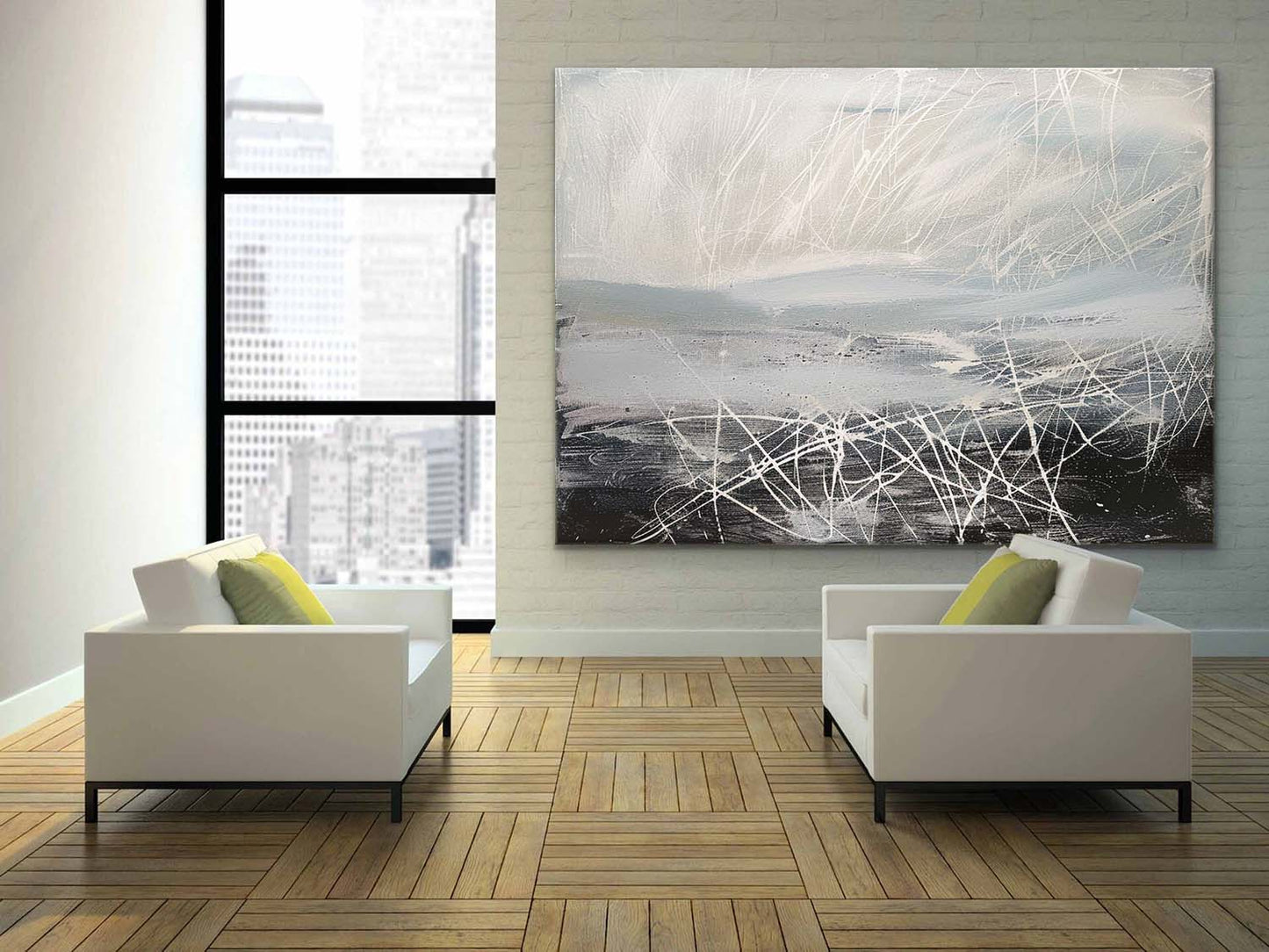 Contemporary Abstract Oil Painting with Dynamic Lines and Soft Color Palette