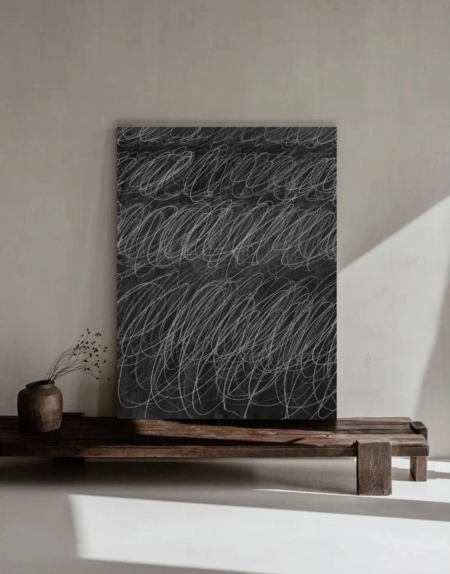 Abstract Minimalist Black and White Line Art Oil Painting for Modern Decor