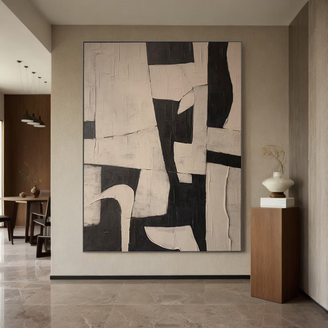 Elegant Black and White Minimalist Abstract Oil Painting for Modern Decor