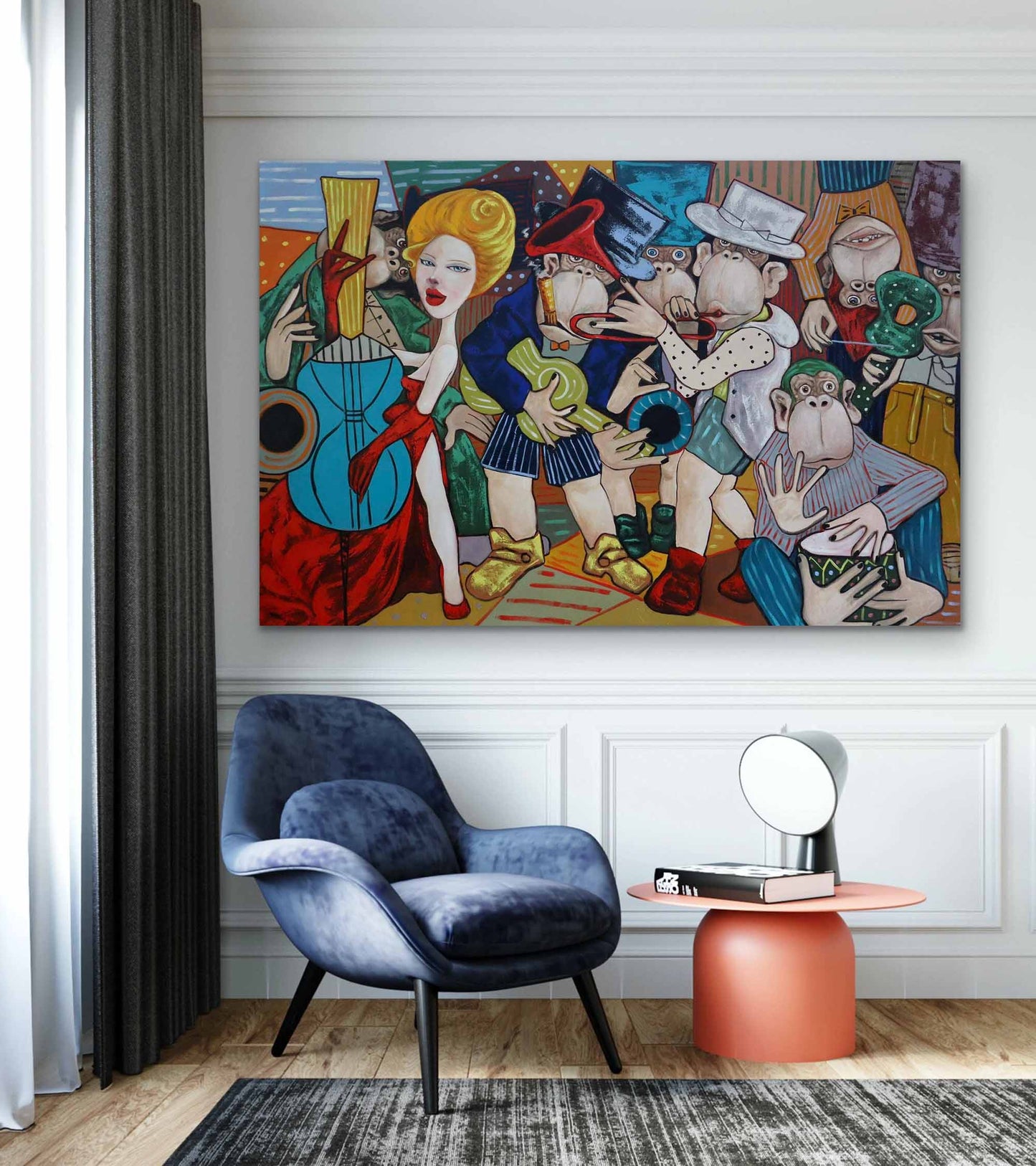 Colorful Pop Art Oil Painting of Musicians and Monkeys in Vibrant Abstract Style