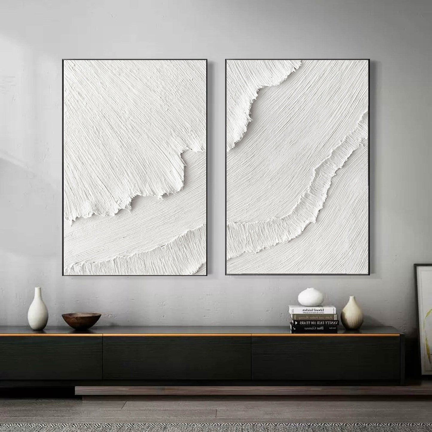 Minimalist White Textured Abstract Oil Paintings for Modern Home Decor Set of Two