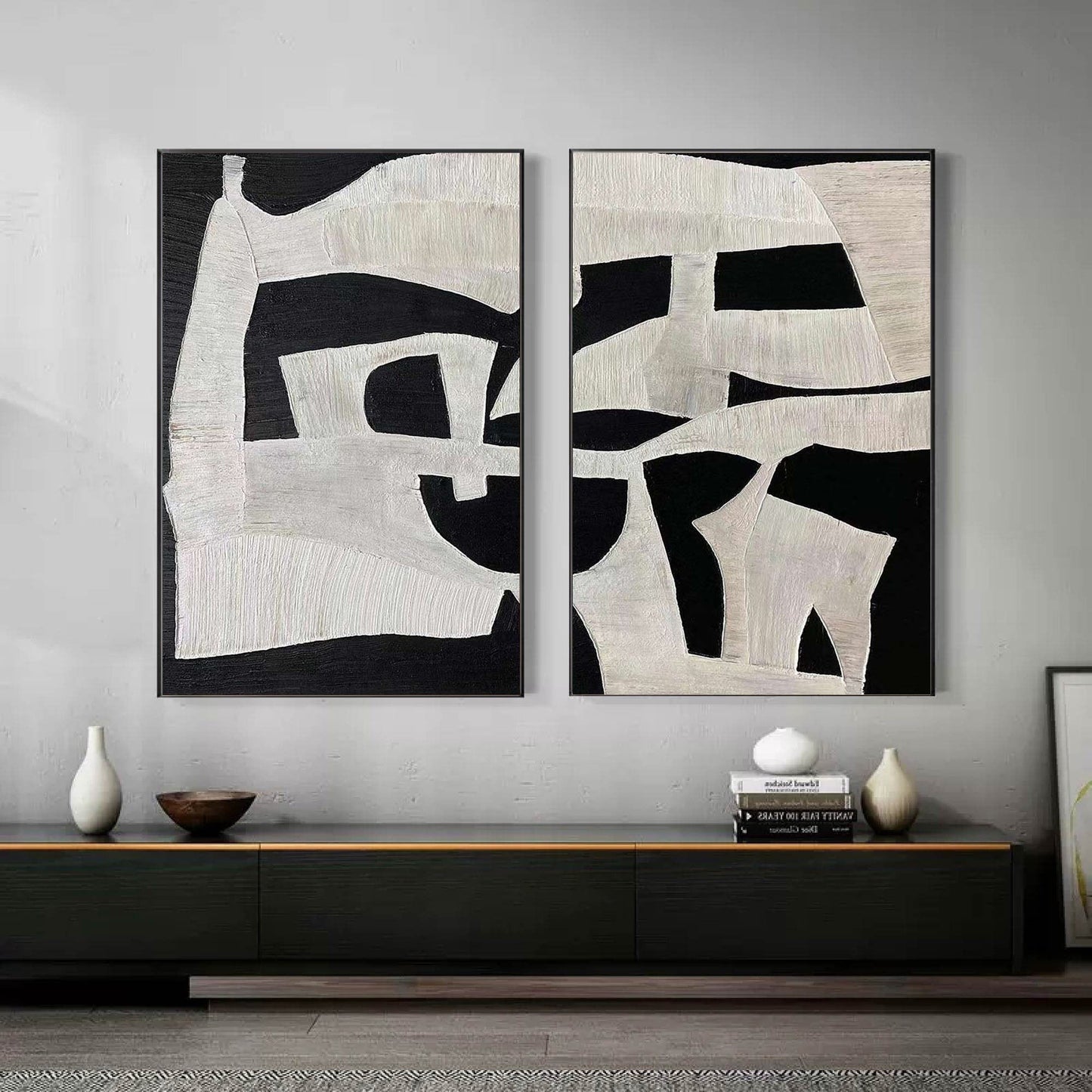 Black and White Abstract Oil Painting Duo – Textured Modern Canvas Art for Contemporary Decor
