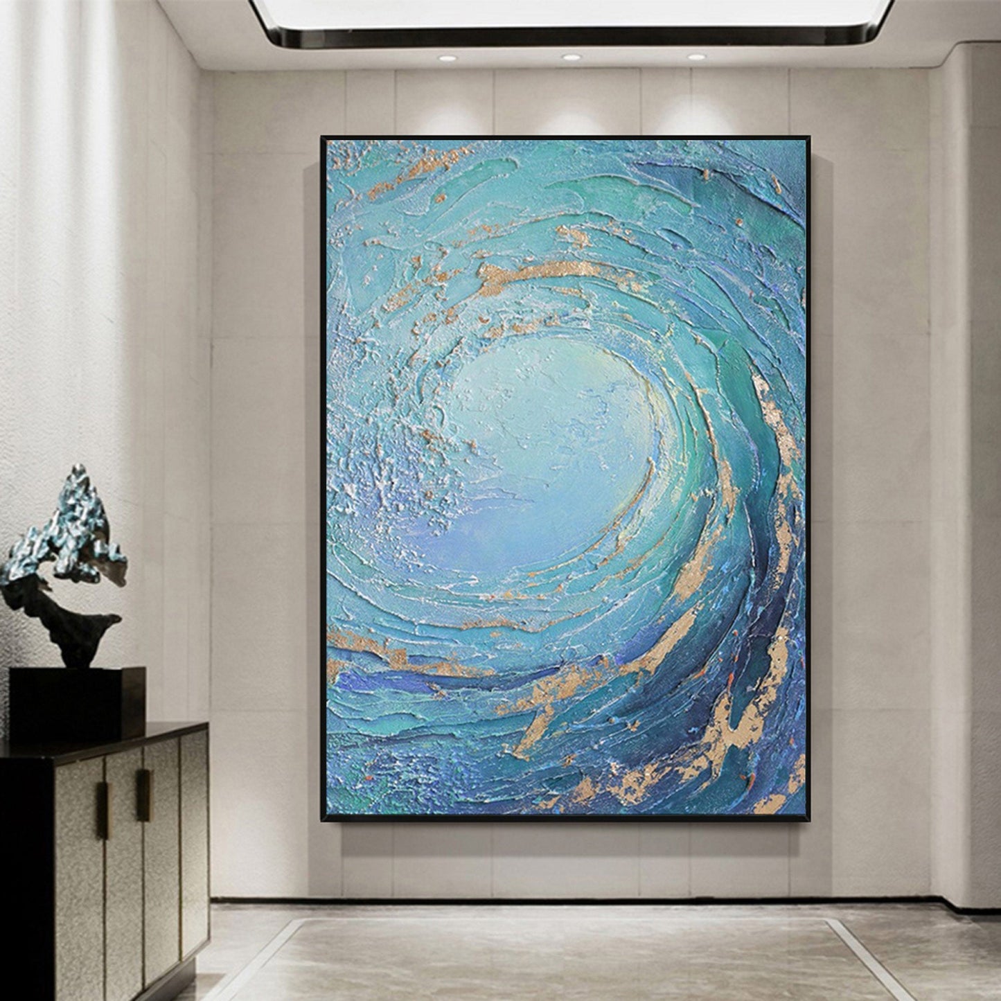 Dynamic Ocean Wave Oil Painting with Turquoise and Gold Accents