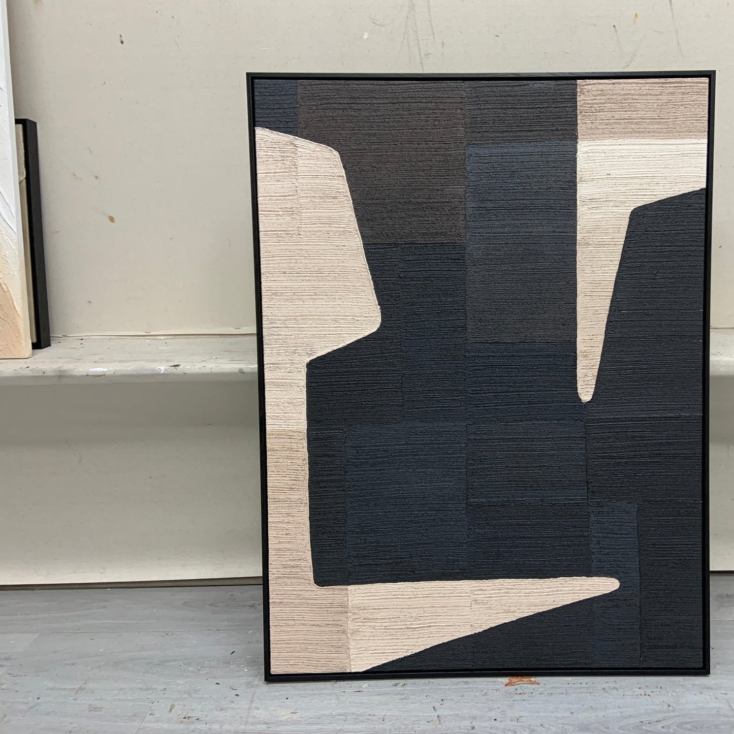 Contemporary Geometric Oil Painting in Bold Black and Neutral Tones for Modern Decor