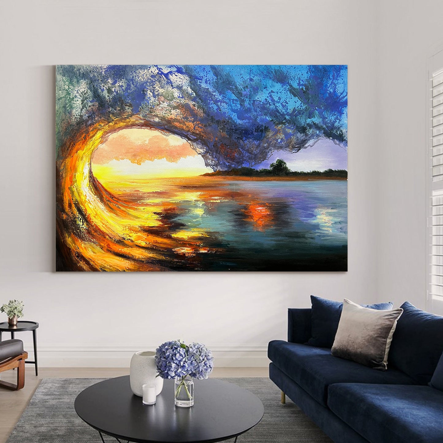Vibrant Sunset Over Ocean Wave Landscape Oil Painting for Home Decor