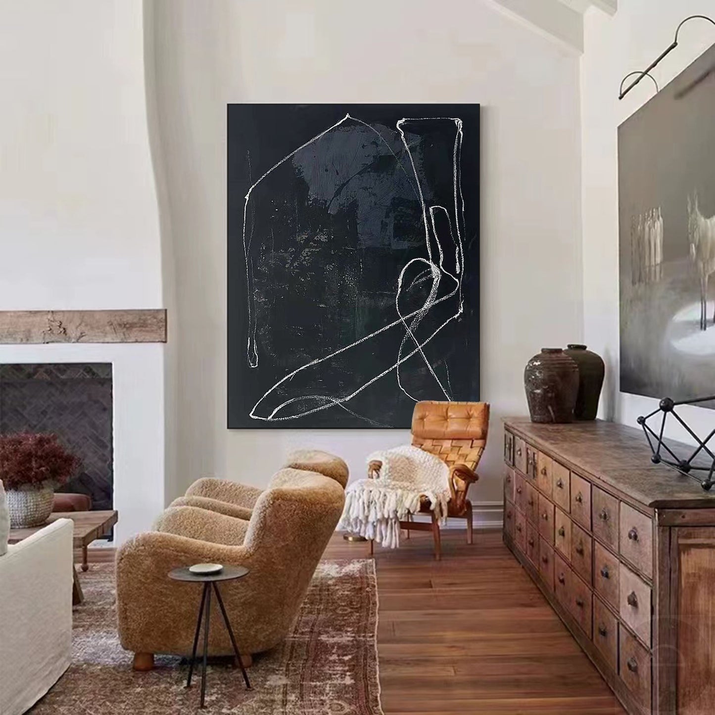 Chic Black Abstract Oil Painting with Elegant White Lines for Modern Decor