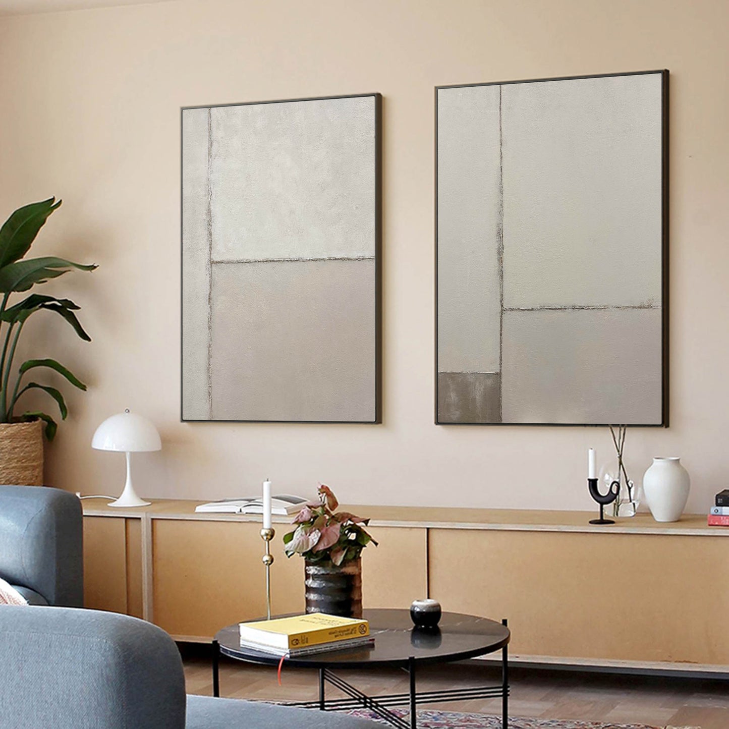 Contemporary Dual Panel Abstract Oil Painting in Soothing Neutral Tones